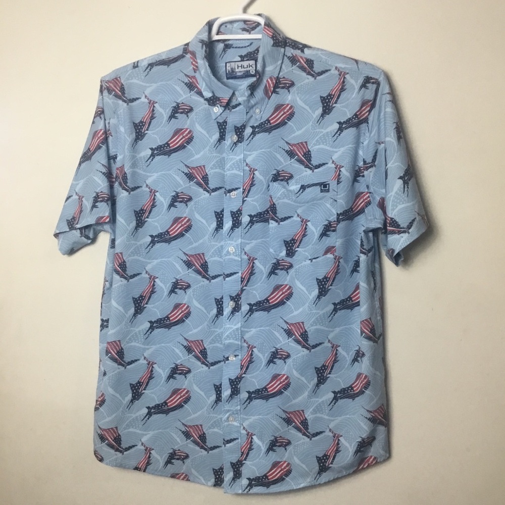 Huk Light Blue Short Sleeve Button-Up Shirt with Red, White & Blue Fish Print.XL